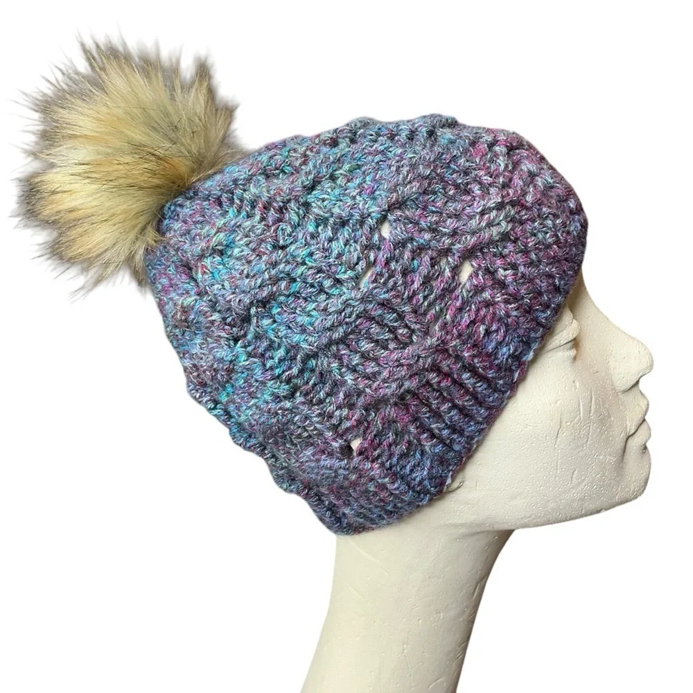 Cable Knit Crochet Beanie Hat Handcrafted With Faux Fur Pom Handmade Purple Blue